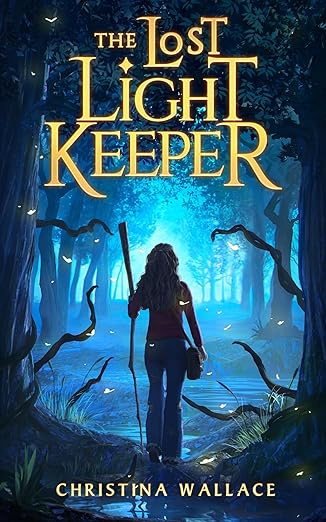 The lost light keeper titled above a woman facing away with a walking stick heading into a creepy wooded area.